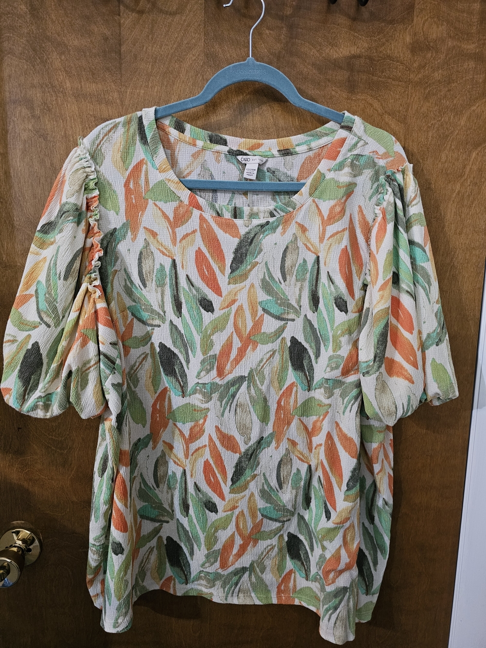 Croft & Barrow Cream Leaf-Print Puff Sleeve Top
